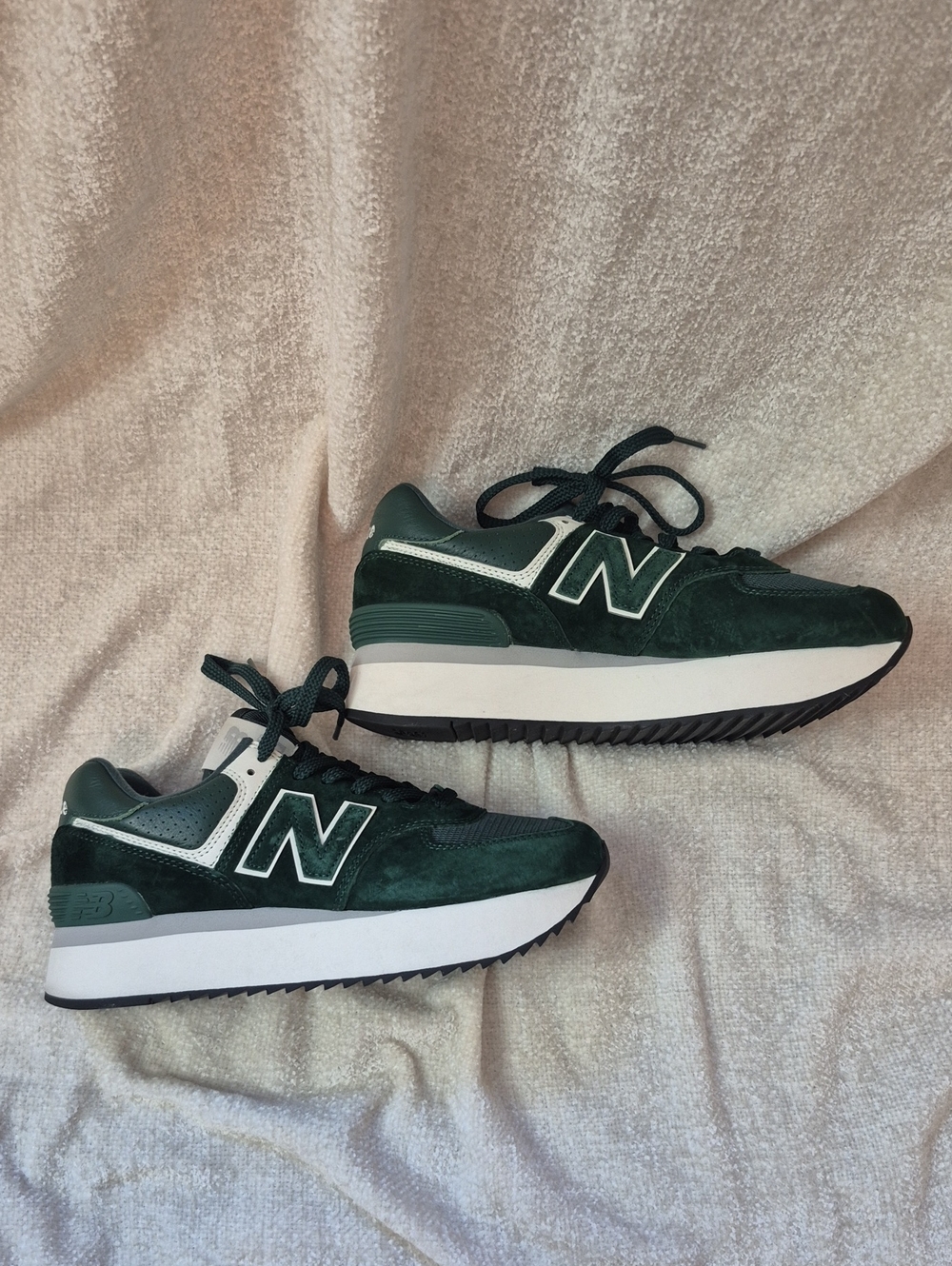 New Balance Women's Forest Green and White Platform Sneakers